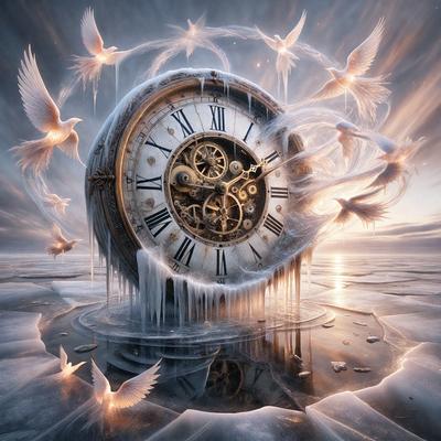 The primary subject of the image is a large, ornate clock with Roman numerals. The clock is surrounded by a frozen lake, and it appears to be melting. The setting is a wintery environment, with the clock as the main focal point. The visual style is a combination of digital art and illustration, creating a surreal and dreamy atmosphere. The colors are predominantly white and blue, with the frozen lake adding a touch of coldness to the scene.